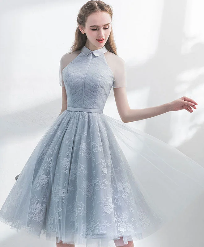 lace prom dressesUnique Gray Tulle Lace Short Prom Dress, Gray Homecoming Dress