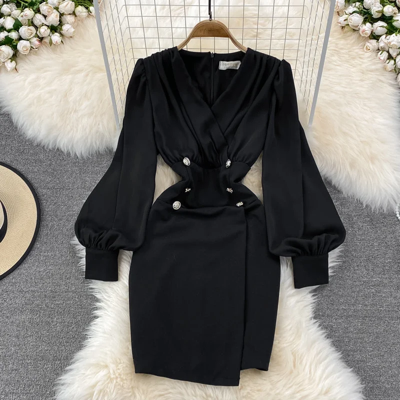 Feminine Long Sleeves DressBlack V Neck Long Sleeve Dress Fashion Dress  10843