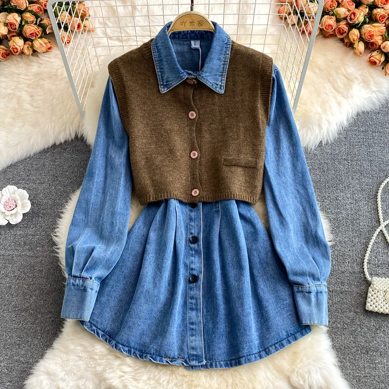 Full-Body Long Sleeves DressHigh waist slim long sleeve Lapel denim dress  3378