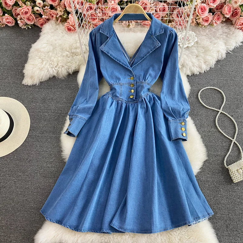 Fabulous Long Sleeves Tiered DressTemperament Lapel long sleeve backless denim dress  2960