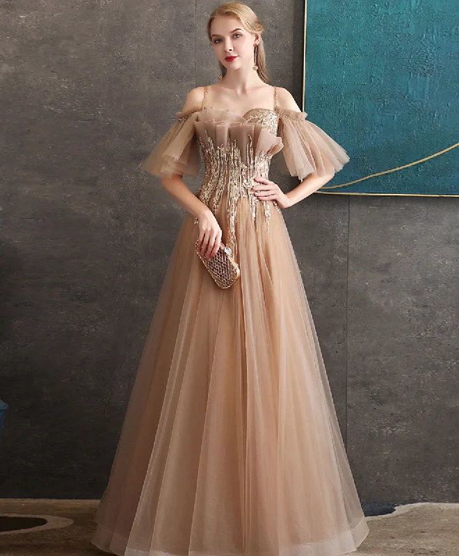 vintage prom dressesChampagne Tulle Lace Long Prom Dress Tulle Formal Dress