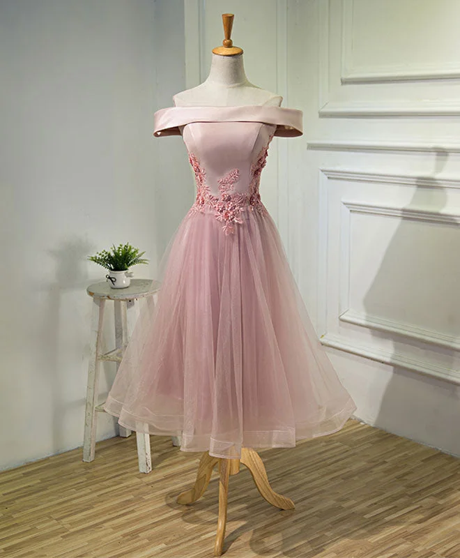 short prom dressesPink A Line Off Shoulder Tea Length Prom Dress, Lace Homecoming Dresses