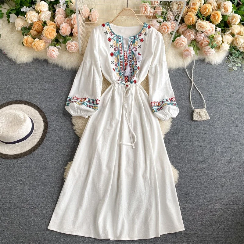 Flowery Long Sleeves Tea DressSimple Embroidered Long Sleeve Dress  10962