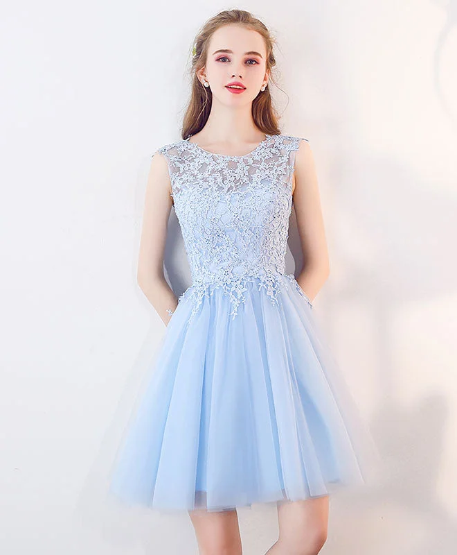 prom dresses for springCute Blue Tulle Lace Short Prom Dress, Blue Homecoming Dress