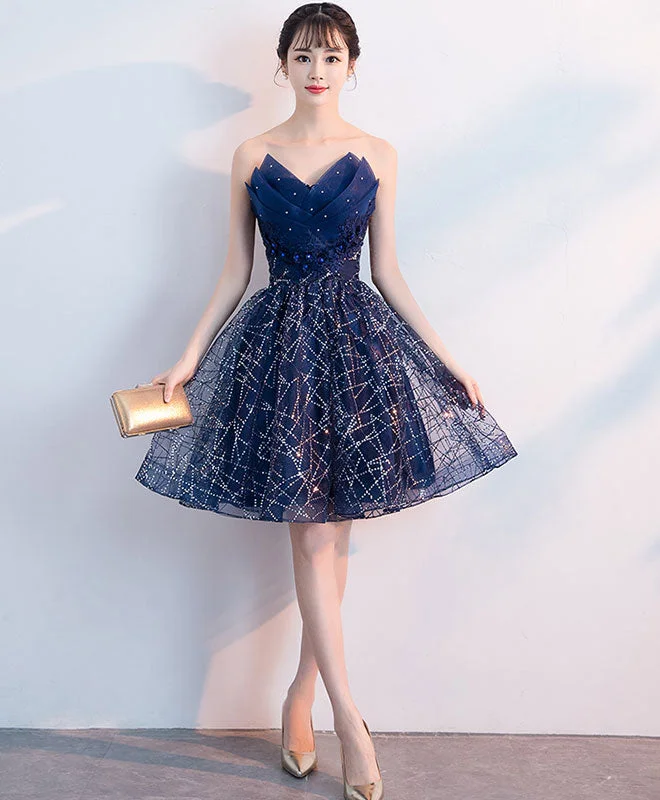 empire waist prom dressesDark Blue V Neck Tulle Sequin Short Prom Dress, Blue Homecoming Dress