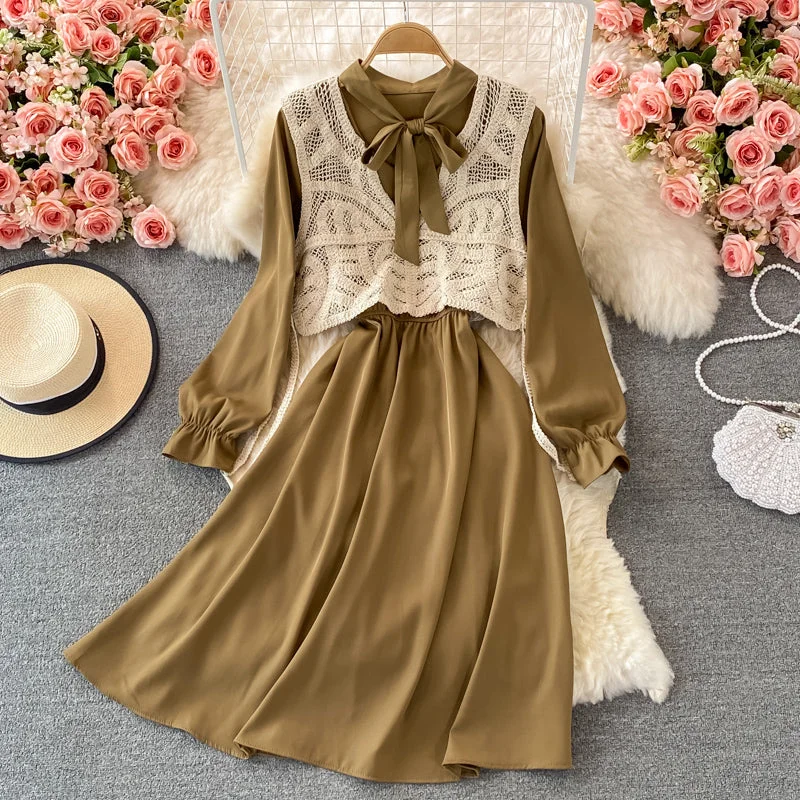 Formal Long Sleeves Bodycon Midi DressKorean long sleeved bow dress with slim waist  2862