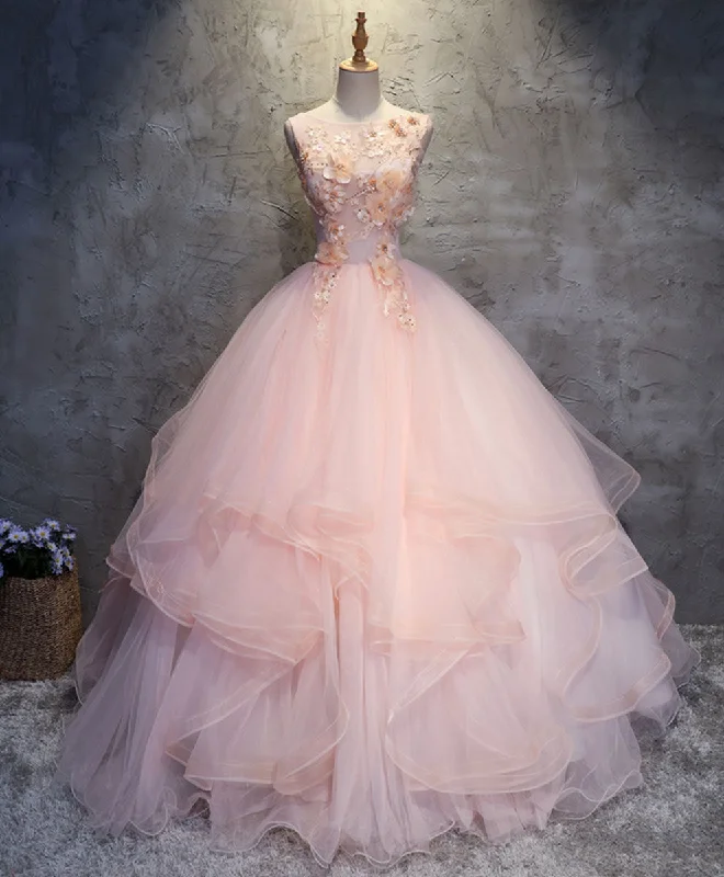 mini prom dressesPink Round Neck Tulle Lace Long Prom Dress Lace Formal Dress