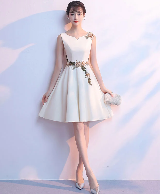 modern prom dressesSimple Light Champagne Satin Applique Short Prom Dress, Cute Homecoming Dress