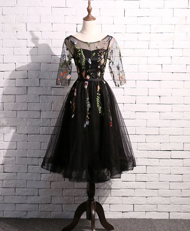 prom dresses with lace appliquésBlack Tulle Short Prom Dress, Black Homecoming Dress