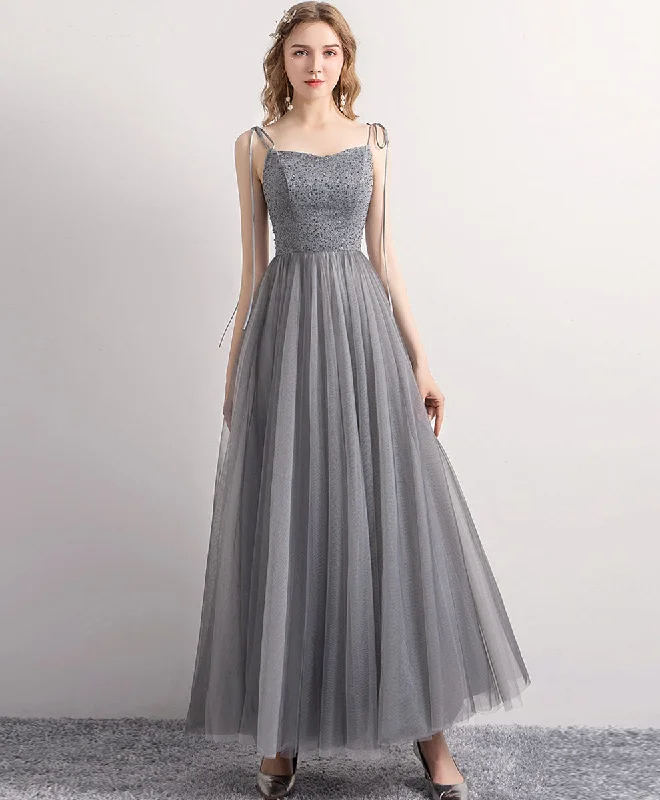 affordable prom dressesGray Tulle Sequin Tea Length Prom Dress Gray Tulle Formal Dress