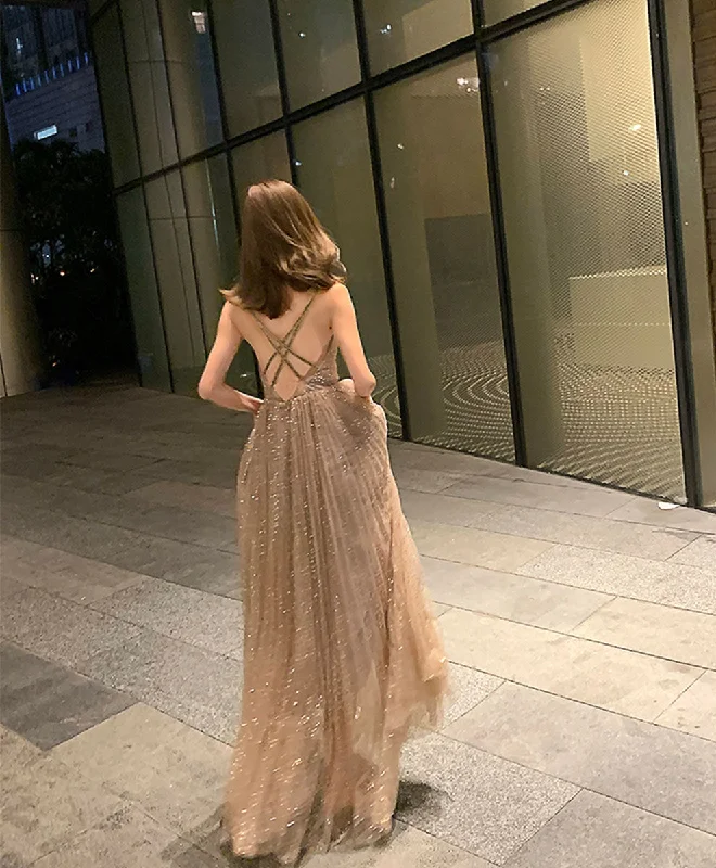 luxury prom dressesSimple Champagne V Neck Tulle Sequin Long Prom Dress Formal Dress