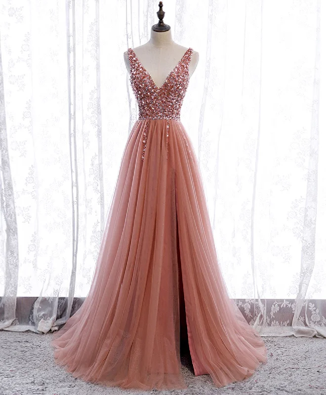 prom dresses for plus-size figuresPink V Neck Tulle Sequin Long Prom Dress, A line Pink Formal Dress with Beading Sequin