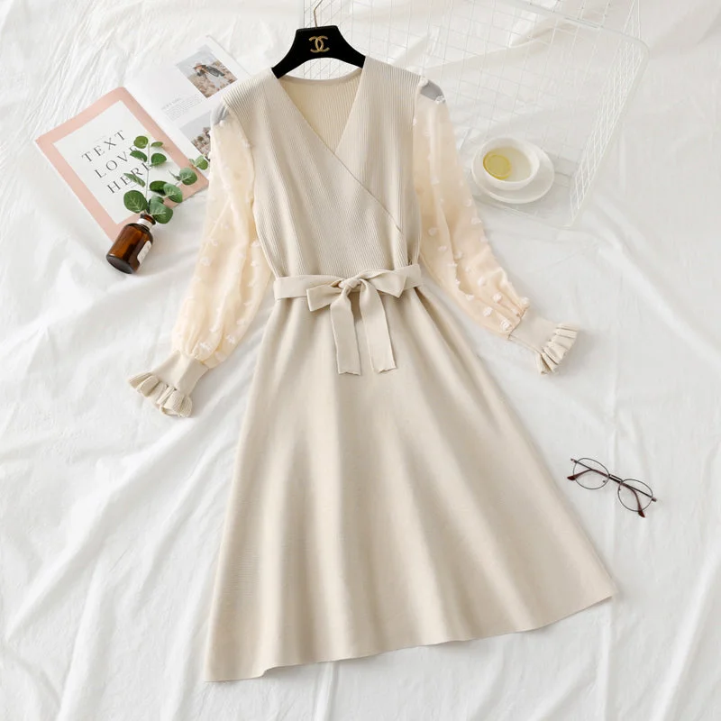 Fabulous Formal Long Sleeves DressBottomed skirt bubble sleeve lace stitching long sleeve knitted dress slim fit  2453