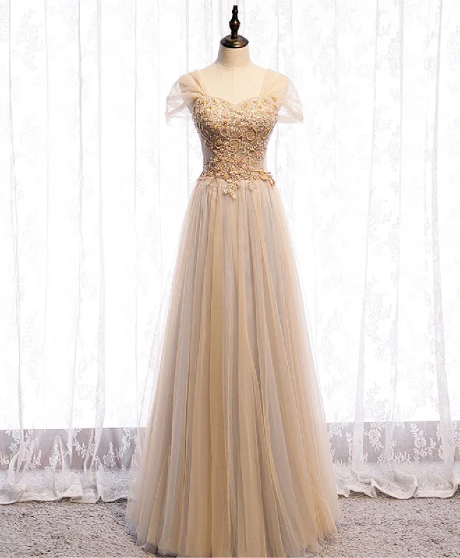 silk prom dressesChampagne Sweetheart Tulle Lace Long Prom Dress Champagne Formal Dress