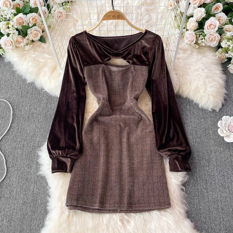 Fuzzy Long Sleeves DressCrew neck velvet stitching long sleeve temperament French Vintage Dress  3722