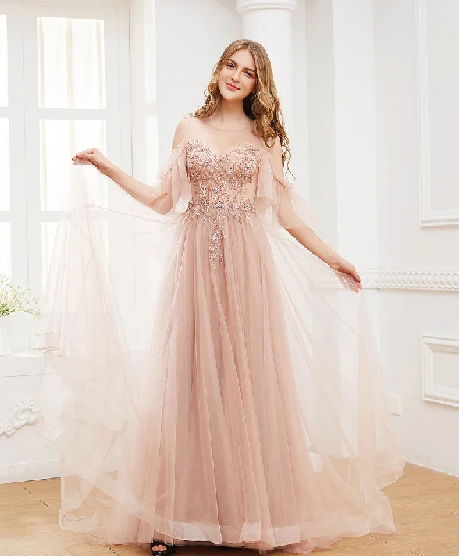 sequined prom dressesPink Round Neck Tulle Beads Long Prom Dress Formal Dress