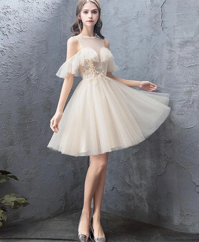 prom dress shopping tipsCute Round Neck Tulle Champagne Short Prom Dress, Homecoming Dress