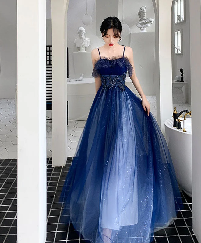 high-low prom dressesBlue Sweetheart Tulle Lace Long Prom Dress Blue Tulle Formal Dress