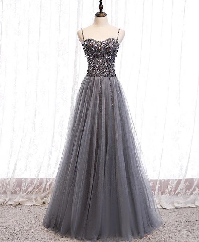 long prom dressesGray Tulle Sequin Long Prom Dress, Gray Tulle Formal Dress with Beading Sequin