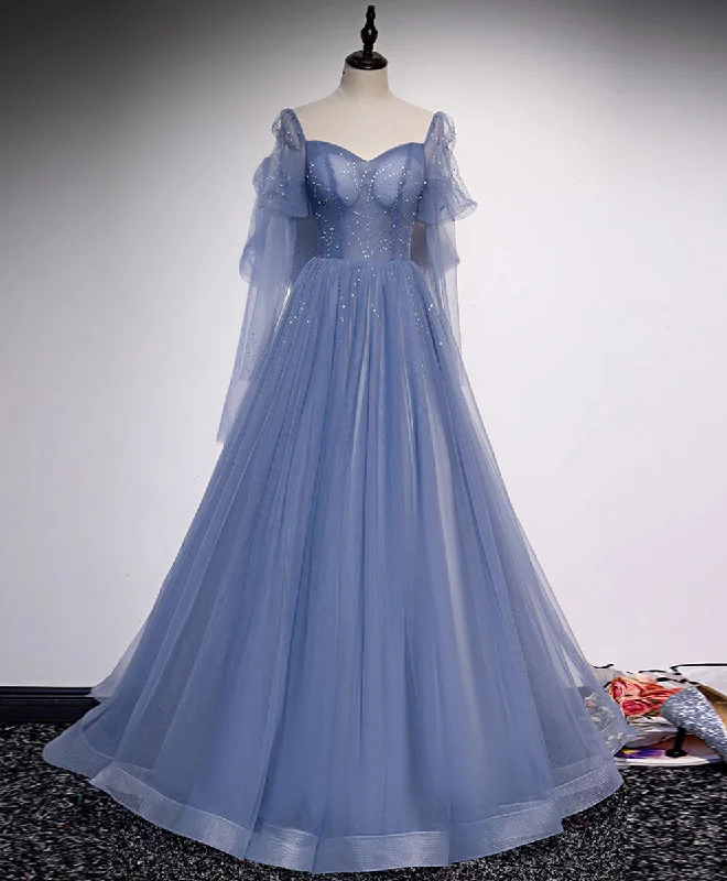 prom dresses for pear shapesA line Blue Long Prom Dress, Blue Formal Graduation Dress with Beading