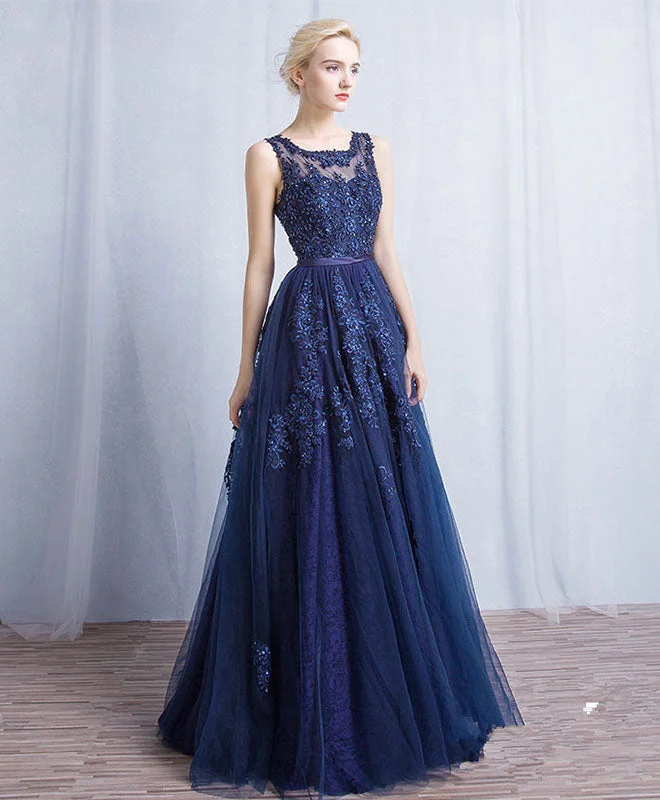 modern prom dressesDark Blue Round Neck Tulle Lace Applique Long Prom Dress