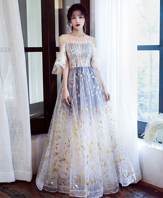 off-shoulder prom dressesUnique Tulle Off Lace Long Prom Dress Tulle Formal Dress