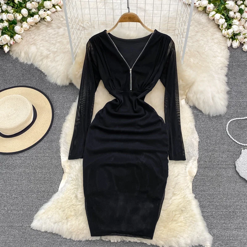 Formal Elegant Long Sleeves DressSexy Hong Kong Style zipper split hip long sleeve V-neck dress  3788