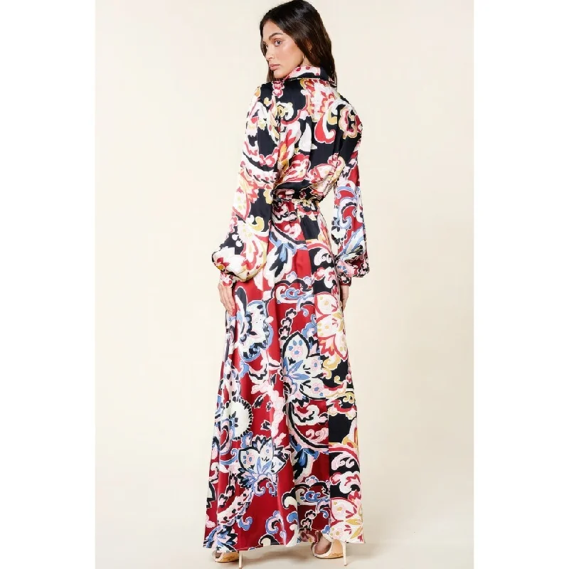 Flowy Long Sleeves DressLong Sleeve Color Block Printed V Neck Dress