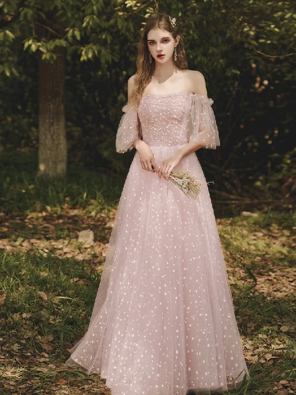 prom dress inspiration galleriesAline Pink Tulle Long Prom Dresses, Pink Off Shoulder Formal Graduation Dresses