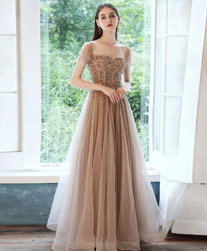 mini prom dressesChampagne Tulle Sequin Beads Long Prom Dress Tulle Formal Dress