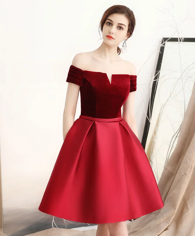 affordable prom dressesBurgundy Satin Short Prom Dress, Homecoming Dress