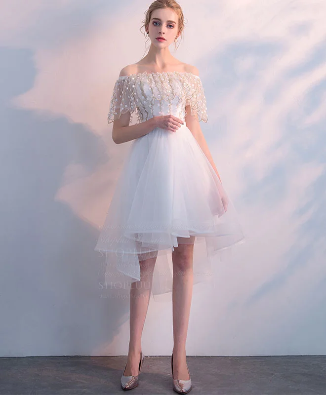 prom dresses with sheer overlaysWhite Tulle Lace Short Prom Dress, White Homecoming Dress