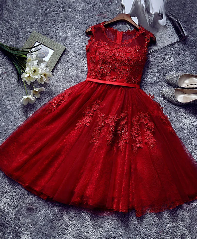 illusion neckline prom dressesBurgundy Lace Tulle Short Prom Dress, Lace Homecoming Dresses