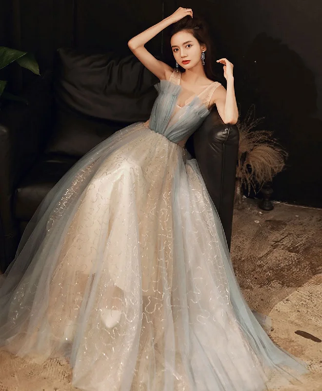 ready-to-wear prom dressesBlue V Neck Tulle Long Prom Dress, Blue Tulle Formal Dress with Sequin