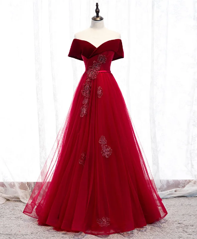 prom dresses with beaded accentsBurgundy Tulle Off Shoulder Long Prom Dress Burgundy Formal Dress