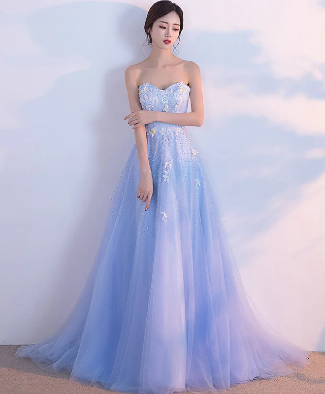 halter neck prom dressesLight Blue Sweetheart Neck Long Prom Dress, Lace Formal Dress