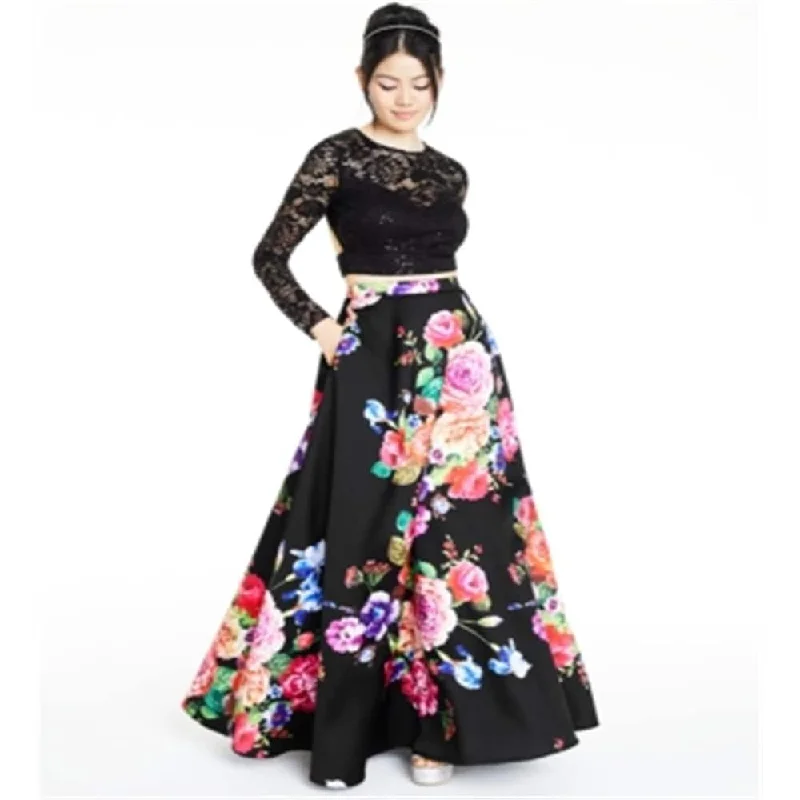 Fashionable Satin Long Sleeves DressB. Darlin Women's Lace Floral Long Sleeve Illusion Neckline Full Length Formal a-Line Dress Black Size 5-6 - 5/6