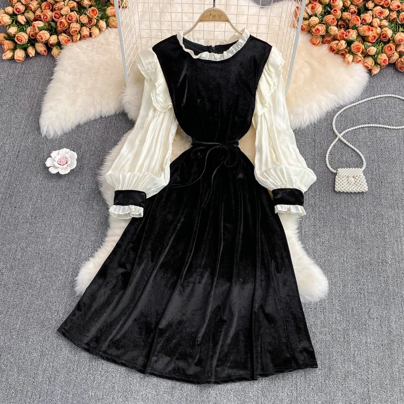 Fitted Long Sleeves Midi DressBlack Velvet Long Sleeve Dress Fashion Dress  10954