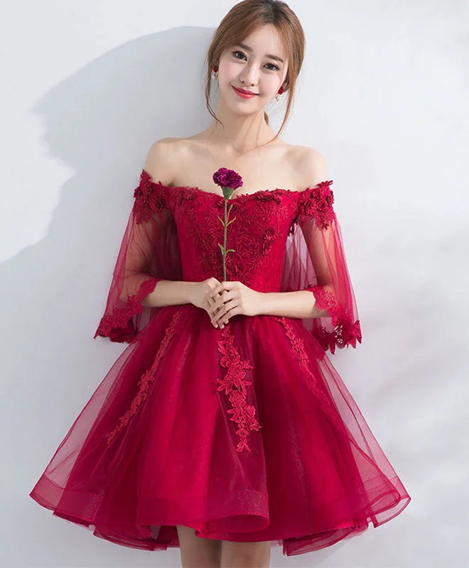 prom dresses for plus-size figuresBurgundy Off Shoulder Tulle Lace Short Prom Dress, Burgundy Homecoming Dress