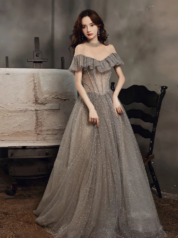 classic prom dressesGray High Neck Tulle Sequin Long Prom Dress Gray Formal Dress