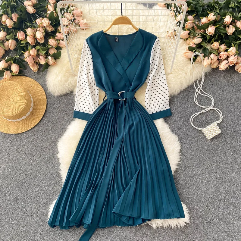 Full Length Long Sleeves DressCute V Neck Long Sleeve Dress A Line Fashion Dress  10667