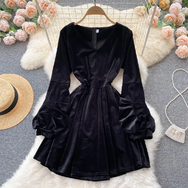 Fuzzy Long Sleeves Velvet DressBlack V Neck Long Sleeve Dress Fashion Dress  10873