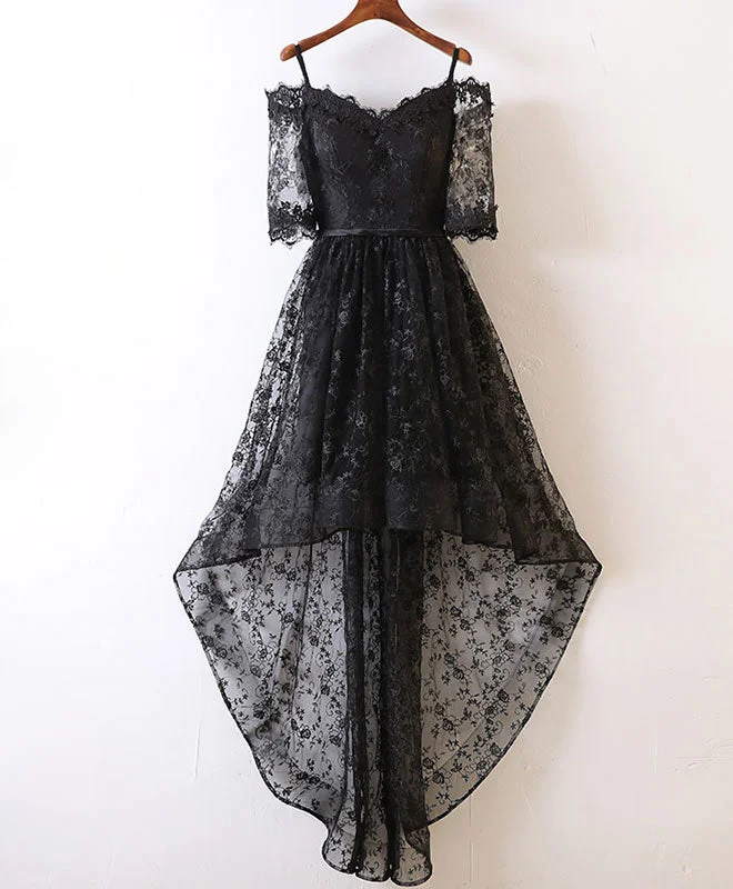 convertible prom dressesBlack High Low Lace Prom Dress, Black Homecoming Dress