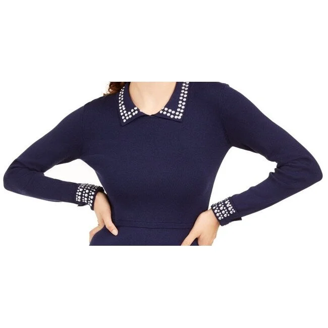 Fun Long Sleeves DressPlanet Gold Women's Beaded Long Sleeve Collared Above The Knee Sheath Dress Blue Size X-Small