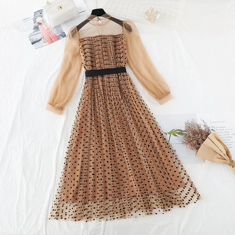 Flirty Long Sleeves Cold-Shoulder DressGauze long sleeve pleated slim dress  4096