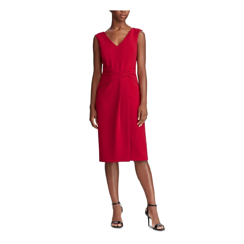 Sleeveless Dress Mother Of The BrideRalph Lauren Women's Ruched Zippered Sleeveless V Neck Below The Knee Sheath Cocktail Dress Red Size 8