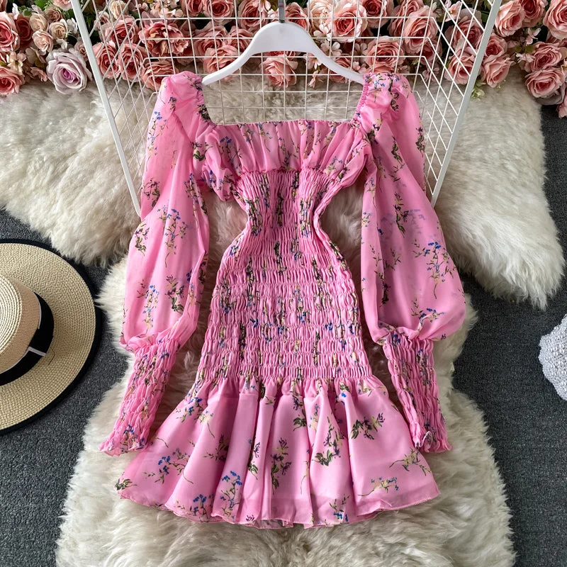 Fabulous Long Sleeves DressSlim Chiffon pleated floral Ruffle long sleeved dress for women  2727