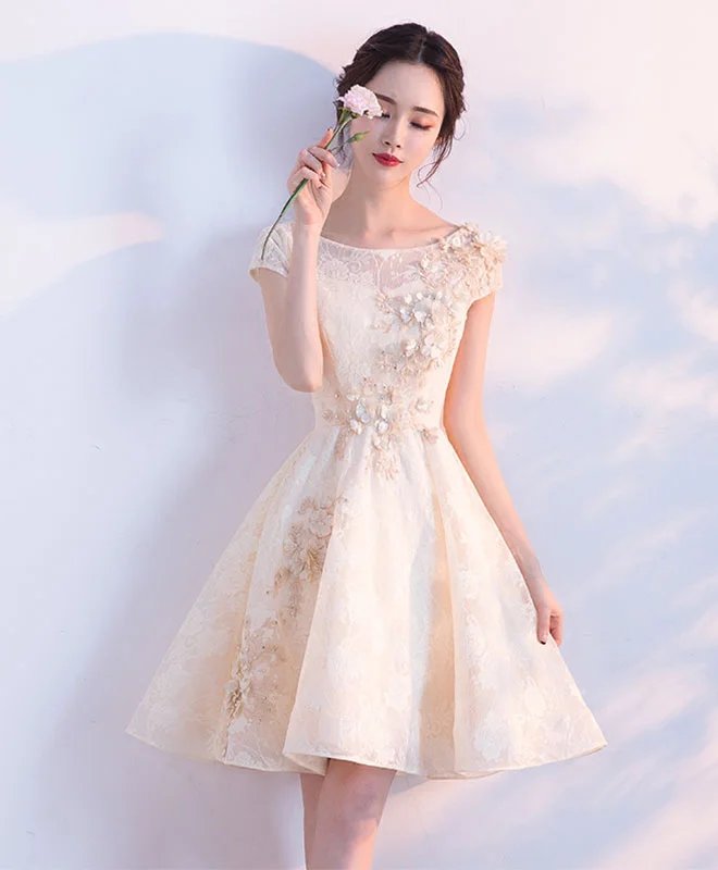 classic prom dressesChampagne A-Line Tulle Lace Short Prom Dresses, Champagne Homecoming Dresses