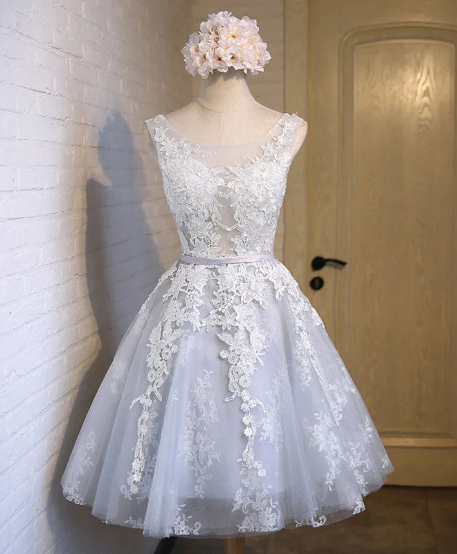 sweetheart neckline prom dressesGray Tulle Lace Applique Short Prom Dress, Gray Homecoming Dresses