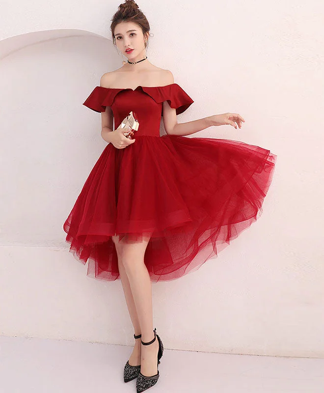 silk prom dressesCute Burgundy Tulle Off Shoulder Short Prom Dress, Burgundy Homecoming Dress